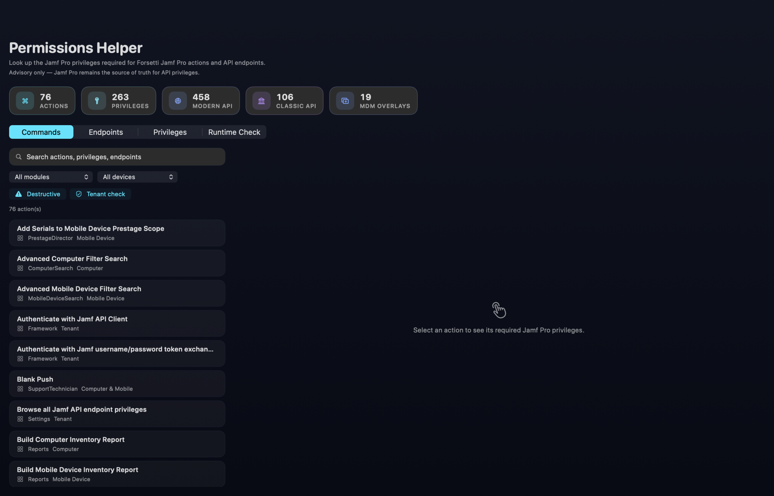Forsetti Jamf Pro Permissions Helper catalog running natively on macOS